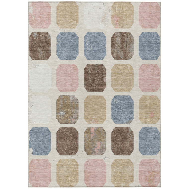 5' X 8' Linen Ivory And Denim Blue Geometric Washable Indoor Outdoor Area Rug