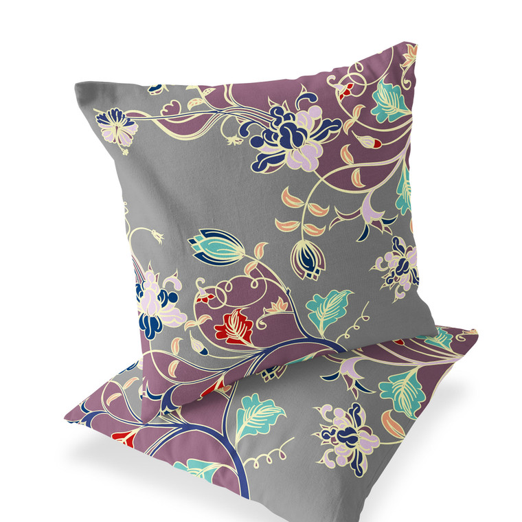 Set of Two 16" X 16" Gray and Purple Blown Seam Floral Indoor Outdoor Throw Pillow Polyester Home Accent