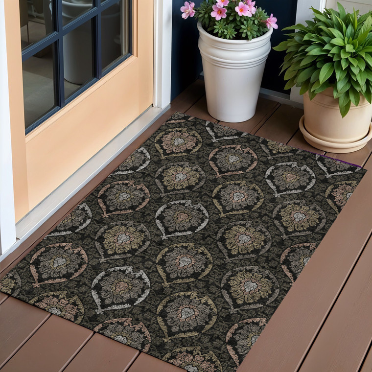 3' X 5' Black Gray And Brown Medallion Washable Indoor Outdoor Area Rug