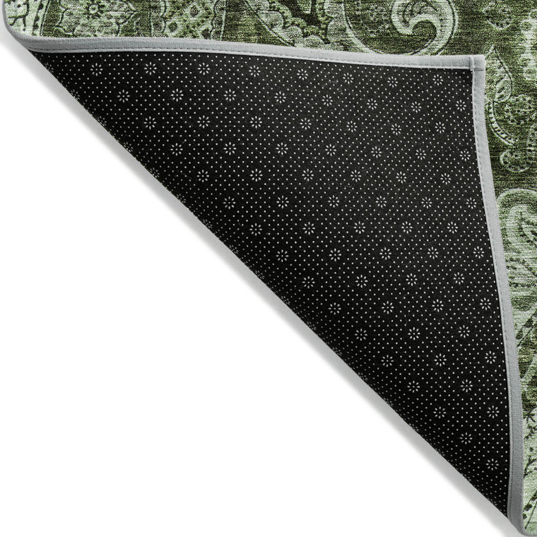 5' X 8' Olive Green Charcoal And Gray Floral Medallion Washable Indoor Outdoor Area Rug