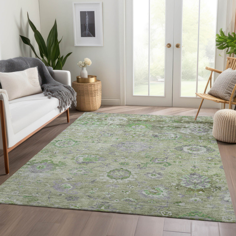 3' X 5' Mint Green And Gray Floral Washable Indoor Outdoor Area Rug