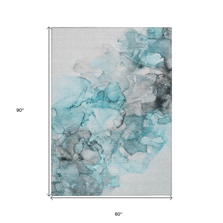 5' X 8' Teal Abstract Washable Non Skid Indoor Outdoor Area Rug - Teal Blue