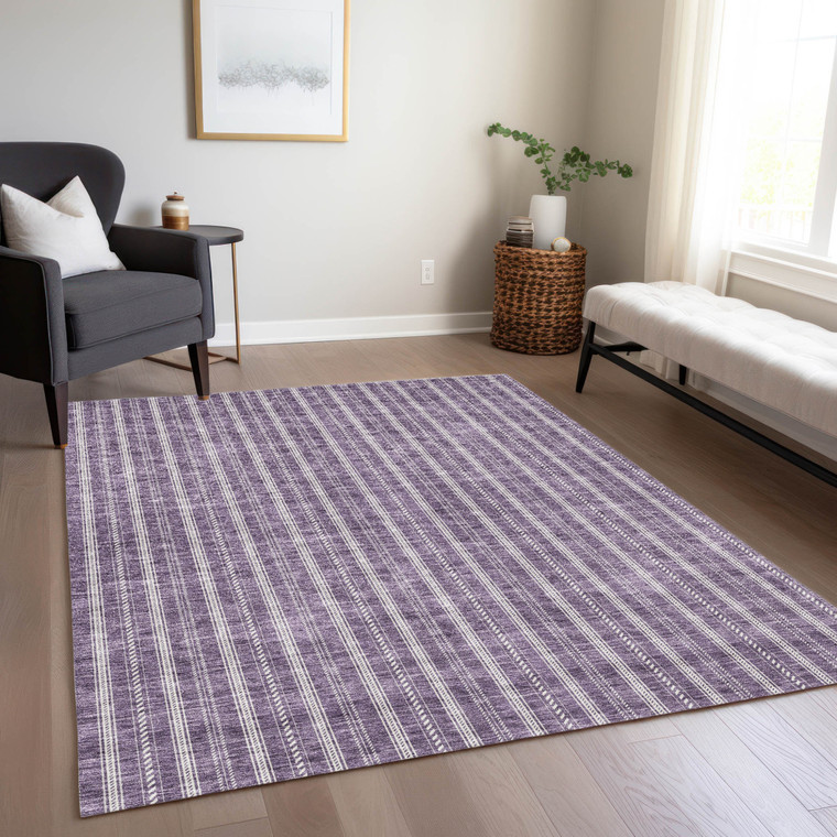 3' X 5' Purple And Ivory Striped Washable Indoor Outdoor Area Rug - Purple, Ivory