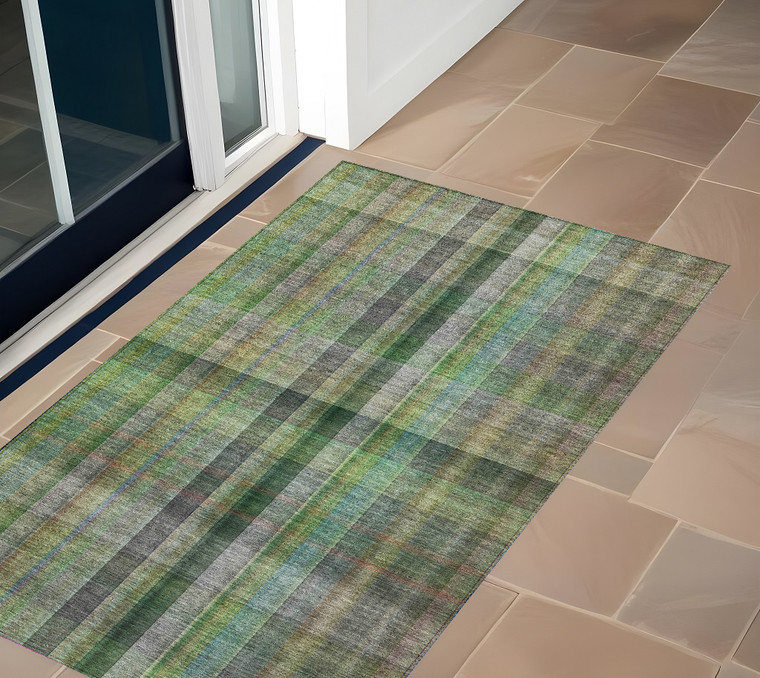 2' X 3' Green Beige and Gray Plaid Washable Non Skid Indoor Outdoor Area Rug - Green, Beige, Gray