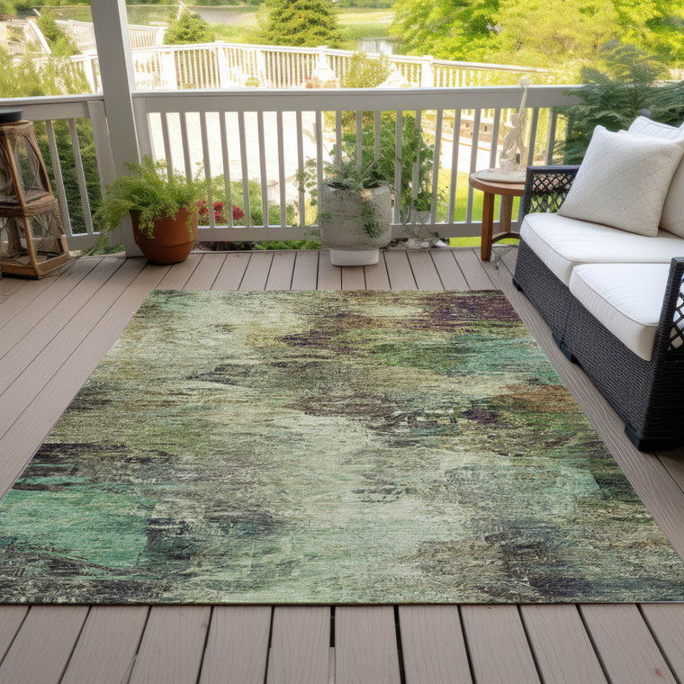 5' X 8' Beige Green And Artichoke Green Abstract Washable Indoor Outdoor Area Rug