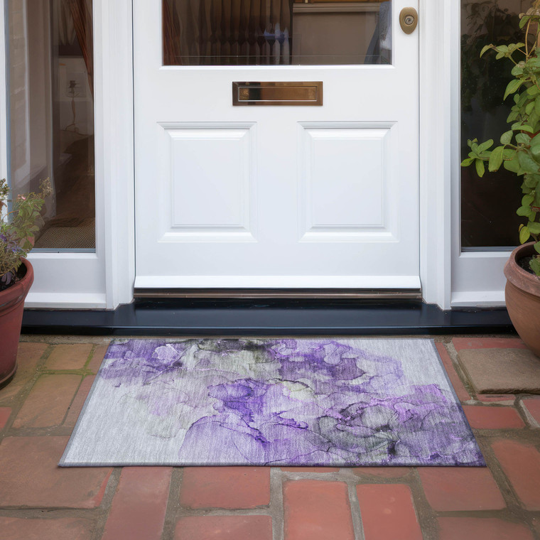 2' X 3' Purple Abstract Washable Non Skid Indoor Outdoor Area Rug - Purple