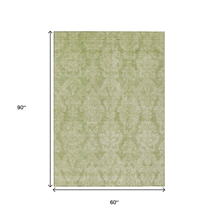 5' X 8' Artichoke Green And Beige Damask Washable Indoor Outdoor Area Rug