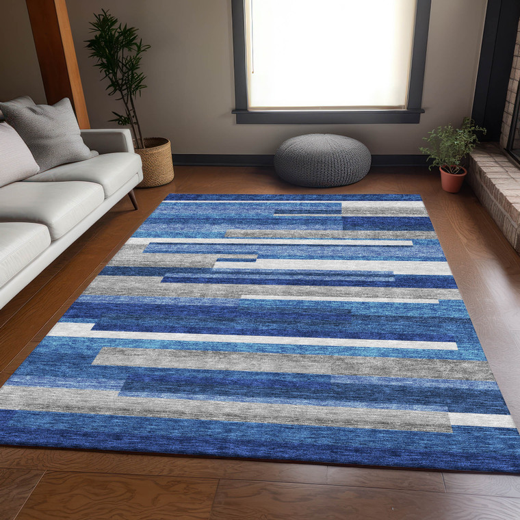 3' X 5' Navy Blue And Denim Blue Striped Washable Indoor Outdoor Area Rug