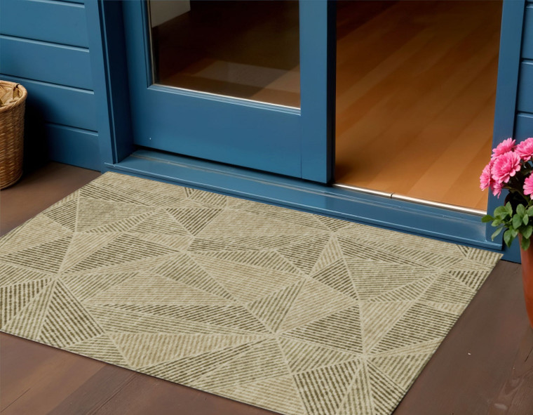 3' X 5' Khaki Brown And Beige Geometric Washable Indoor Outdoor Area Rug
