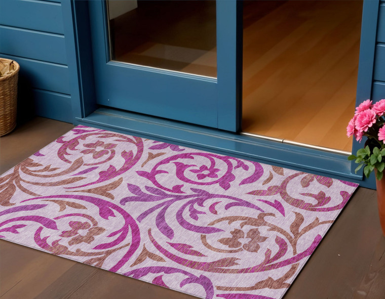 3' X 5' Lavender Blush And Purple Floral Washable Indoor Outdoor Area Rug