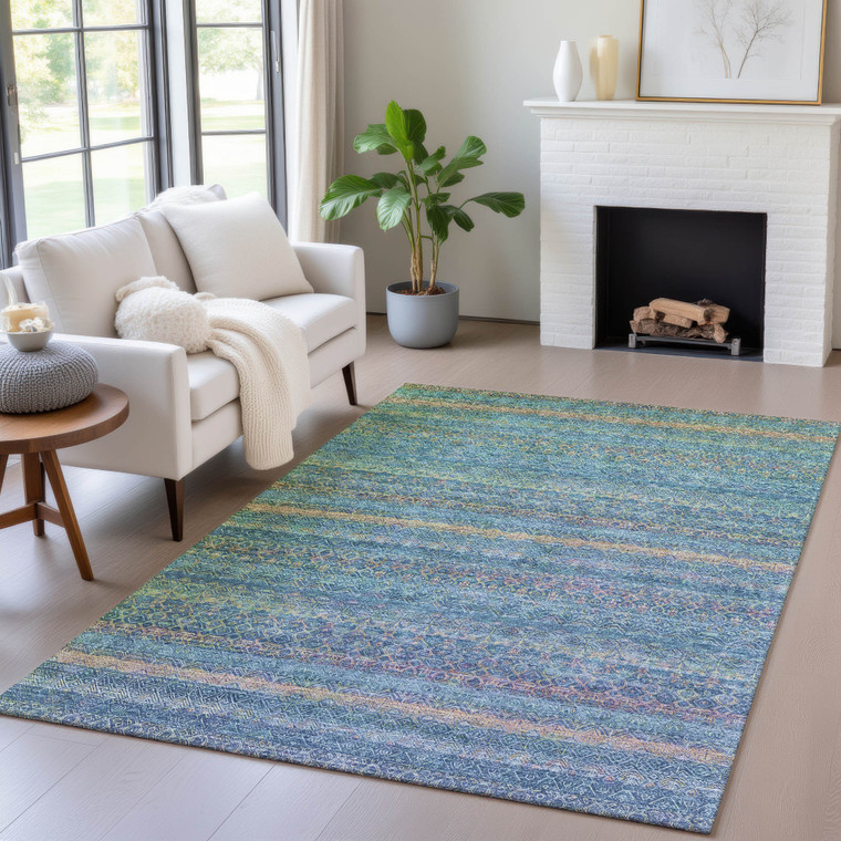 5' X 8' Teal Blue And Copper Striped Washable Indoor Outdoor Area Rug