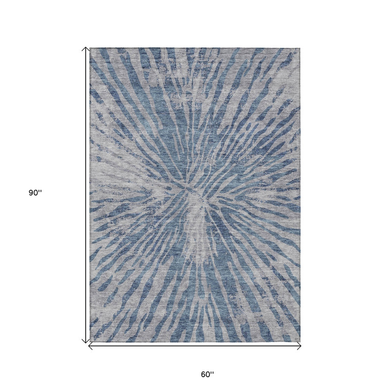 5' X 8' Blue Gray And Silver Abstract Washable Indoor Outdoor Area Rug - Blue, Gray, Silver