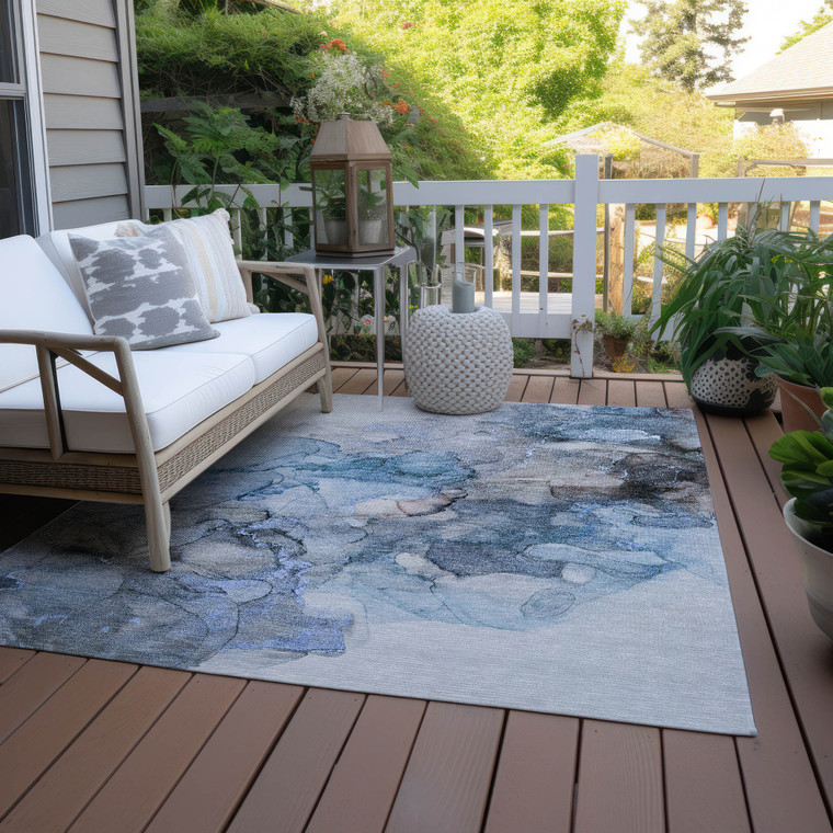 3' X 5' Blue and Gray Abstract Washable Non Skid Indoor Outdoor Area Rug Transitional Style - Blue, Gray Color