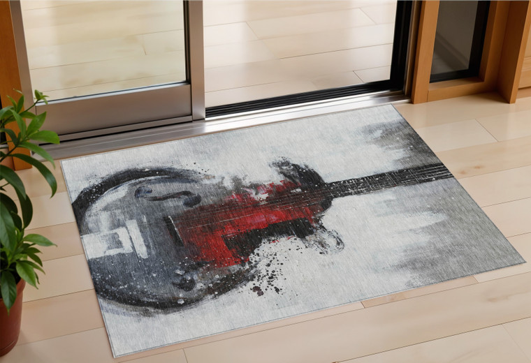 3' X 5' Gray Charcoal And Red Abstract Washable Indoor Outdoor Area Rug