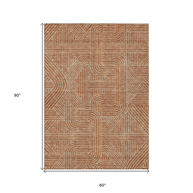 5' X 8' Terra Cotta And Brown Abstract Washable Indoor Outdoor Area Rug