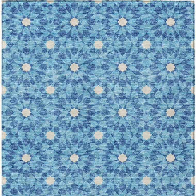 3' X 5' Denim Blue And Ivory Floral Medallion Washable Indoor Outdoor Area Rug - 608219265243