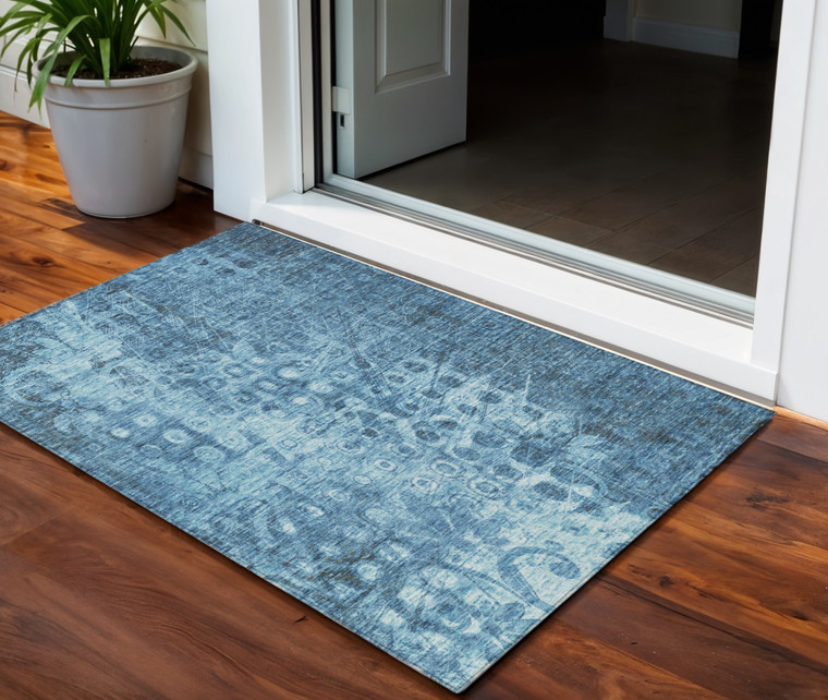 3' X 5' Blue Ikat Washable Indoor Outdoor Area Rug