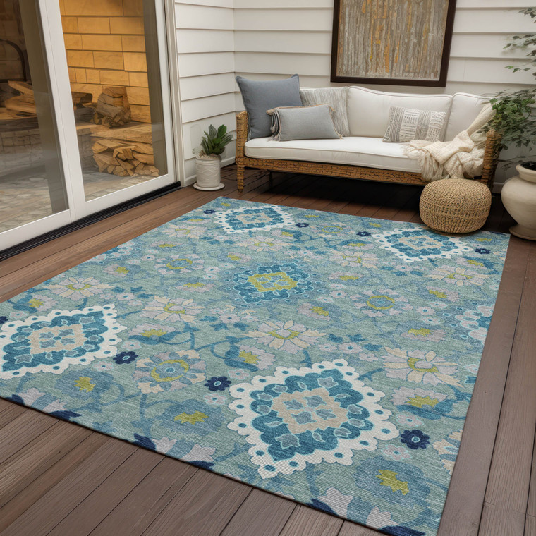 5' X 8' Teal Blue Green And Ivory Oriental Washable Indoor Outdoor Area Rug - Teal Blue, Green, Ivory