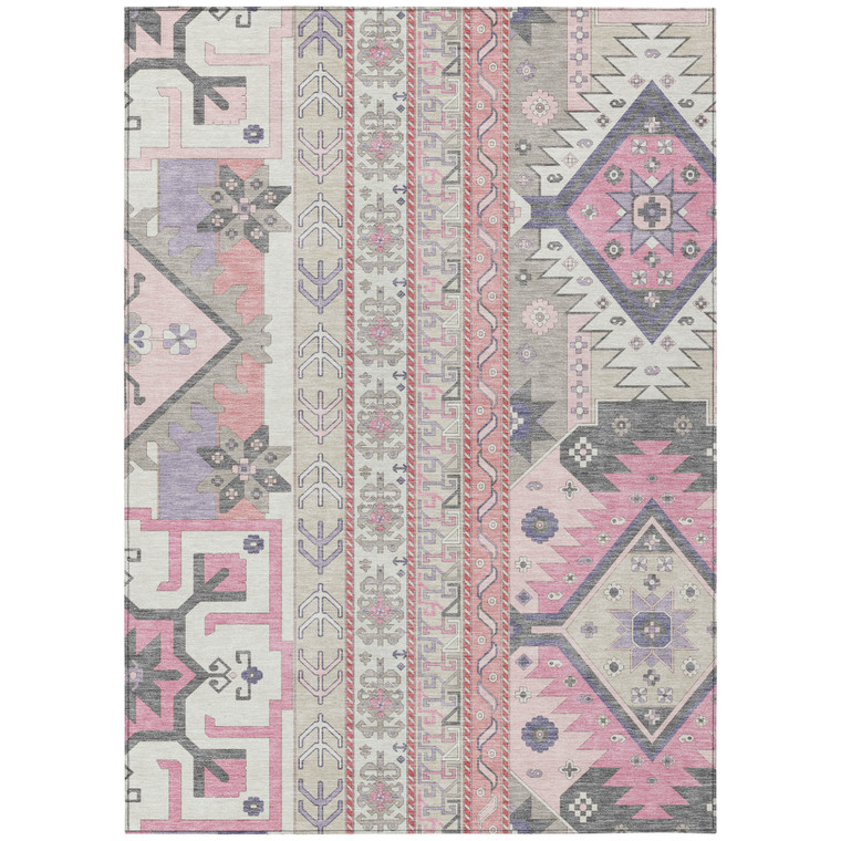 3' X 5' Pink Gray And Ivory Aztec Washable Indoor Outdoor Area Rug