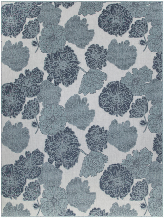 8' X 10' Navy Blue Sky Blue And Ivory Floral Indoor Outdoor Area Rug