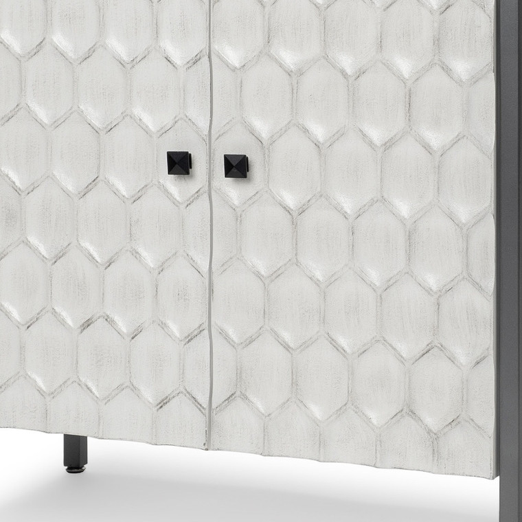32" White and Gray Wood and Metal Carved Geometric Accent Cabinet With Two Doors