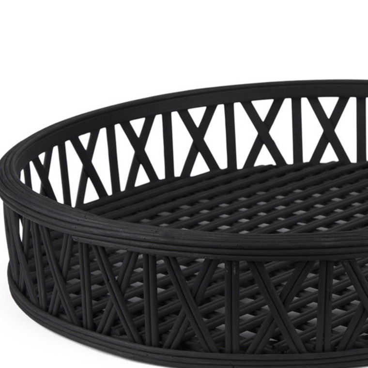 Set of Two Black Round Wicker Handmade Serving Trays