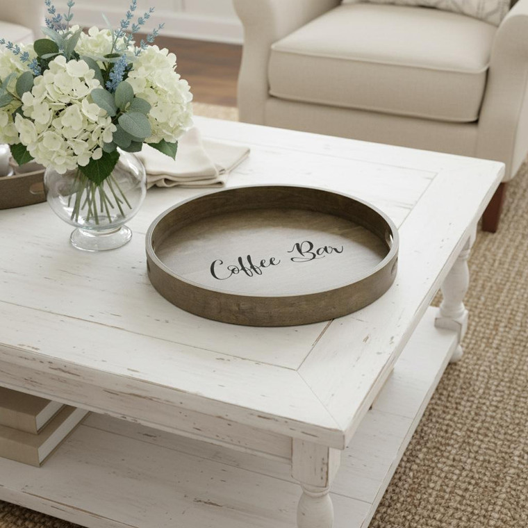 14" Gray And Black Coffee Bar Round Serving Tray With Handles - 880016741131