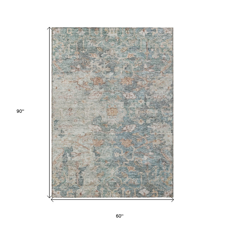 5' X 8' Green Blue And Gray Oriental Washable Indoor Outdoor Area Rug