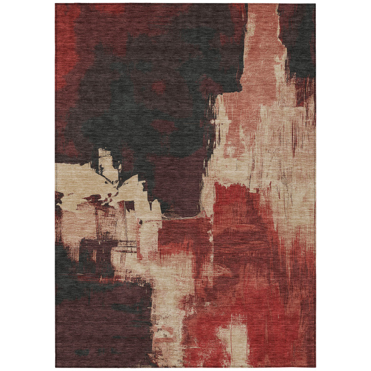 5' X 8' Brick Red And Red Abstract Washable Indoor Outdoor Area Rug