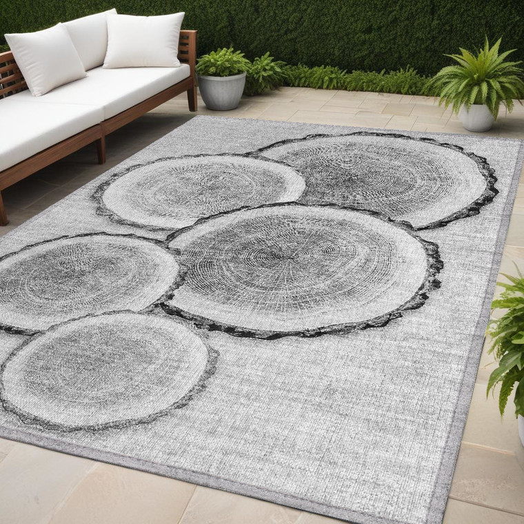 5' X 8' Gray and Black Faux Bois Washable Non Skid Indoor Outdoor Area Rug