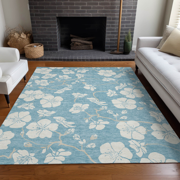 5' X 8' Sky Blue And Ivory Floral Washable Indoor Outdoor Area Rug Transitional Style - Sky Blue, Ivory Color
