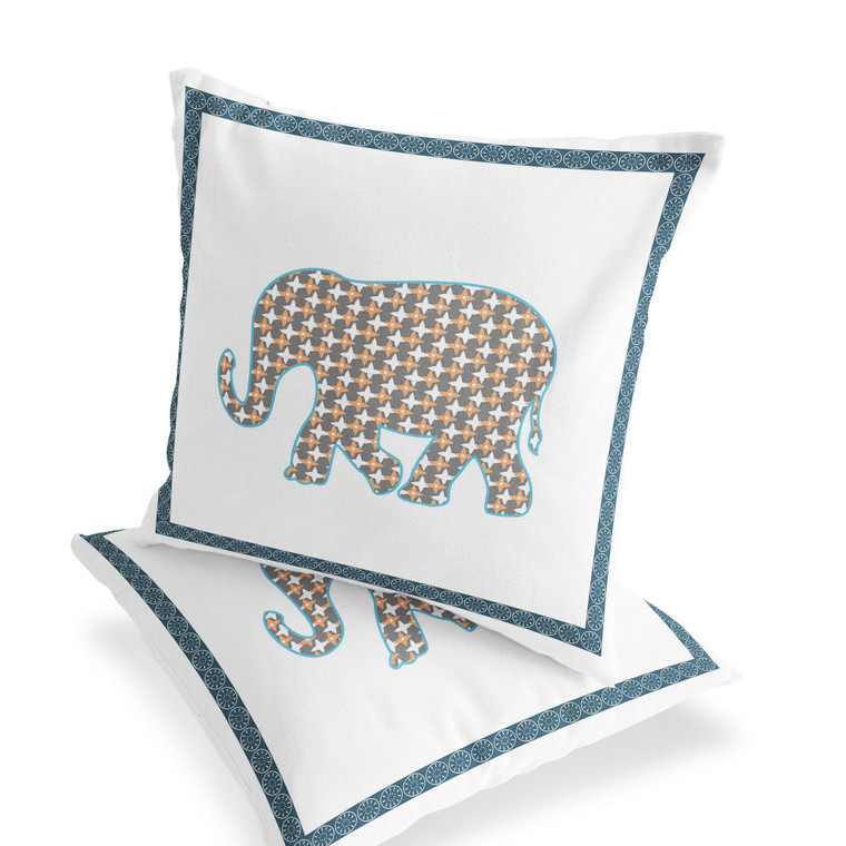 Set of Two 16" X 16" Gold and White Elephant Blown Seam Animal Print Indoor Outdoor Throw Pillow