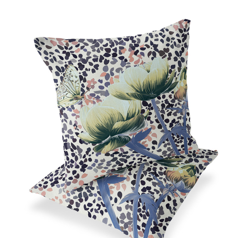 Set of Two 16" X 16" Blue and Green Butterfly Blown Seam Floral Indoor Outdoor Throw Pillow Polyester Decor