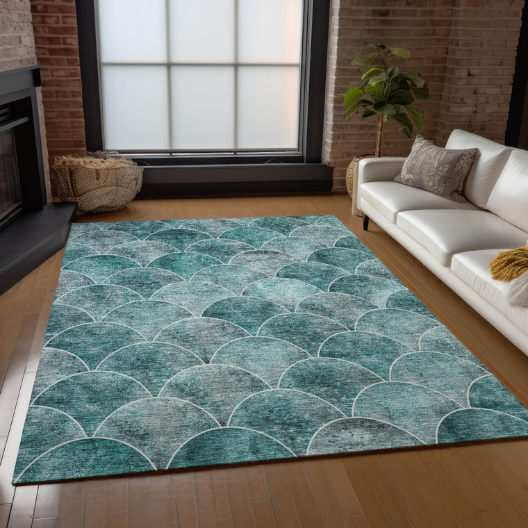 3' X 5' Teal Blue Aqua And Gray Abstract Washable Indoor Outdoor Area Rug Transitional Style - Teal Blue, Aqua, Gray Color