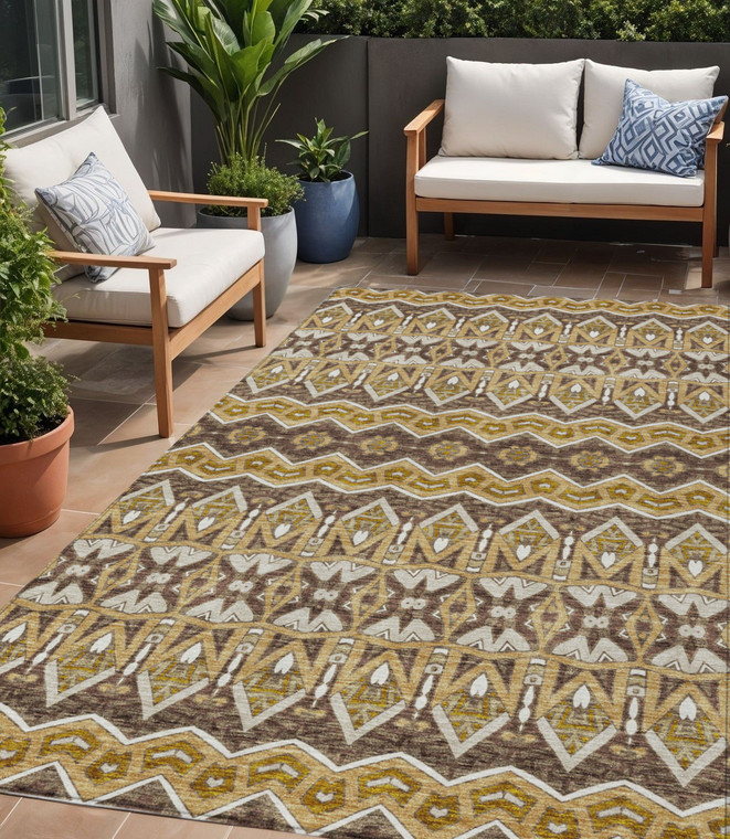 5' X 8' Gold Brown And Beige Moroccan Washable Indoor Outdoor Area Rug