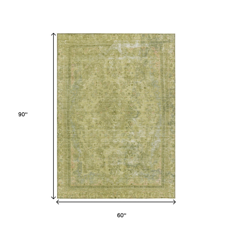 5' X 8' Fern Green And Sage Medallion Washable Indoor Outdoor Area Rug