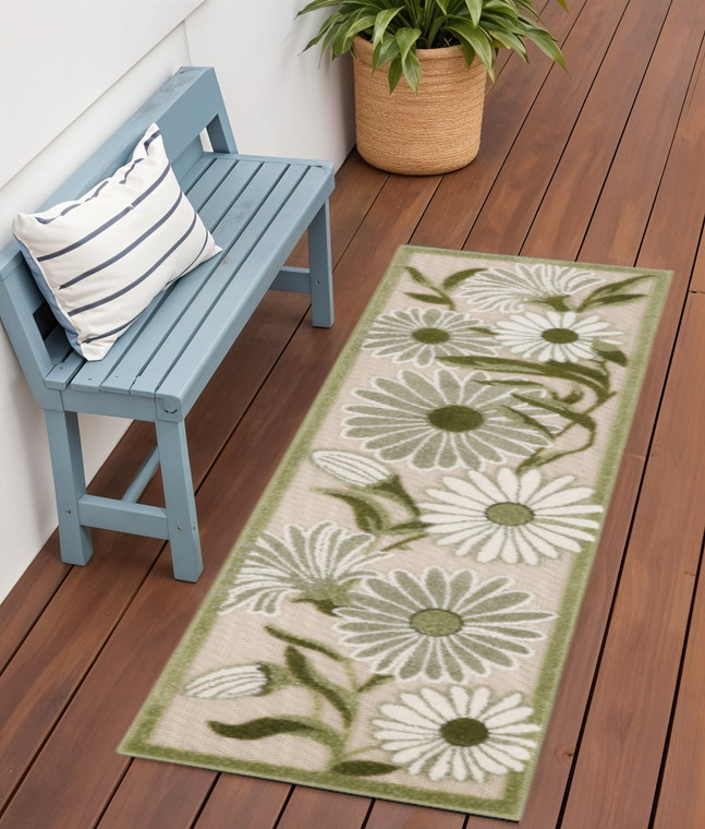 6' Ivory And Green Floral Indoor Outdoor Runner Rug