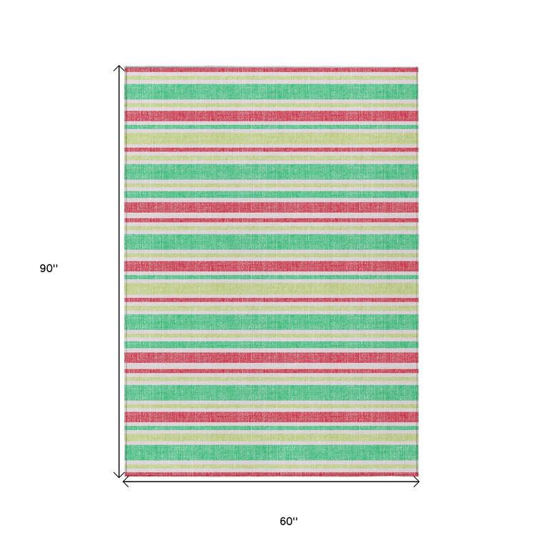 5' X 8' Green Striped Washable Non Skid Indoor Outdoor Area Rug