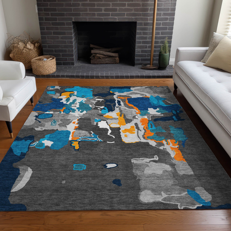 5' X 8' Charcoal Copper And Teal Blue Abstract Washable Indoor Outdoor Area Rug