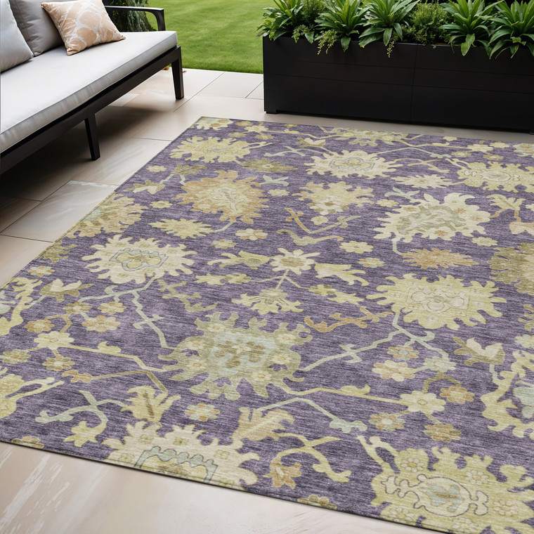 5' X 8' Eggplant Beige And Green Floral Washable Indoor Outdoor Area Rug