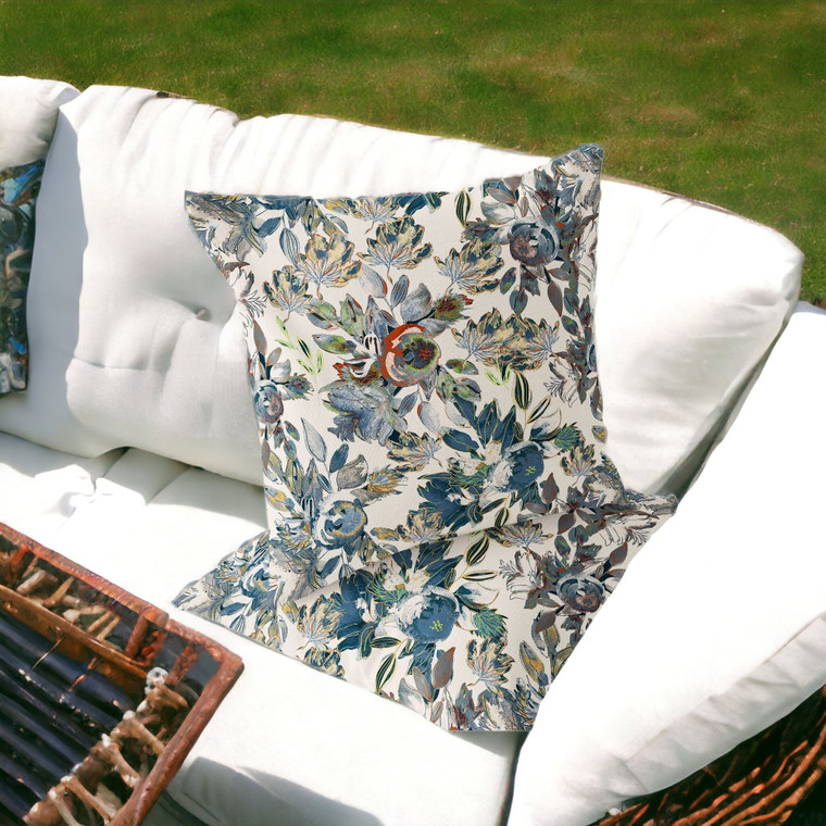 Home Decor Set of Two 16" X 16" Blue and Green Blown Seam Floral Indoor Outdoor Throw Pillow for Living Room Bedroom Office