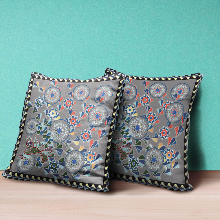 18" x 18" Gray Peacock Blown Seam Floral Indoor Outdoor Throw Pillow - 606114752479
