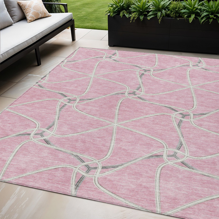 5' X 8' Pink And Ivory Geometric Washable Indoor Outdoor Area Rug Contemporary Style - Pink, Ivory Color