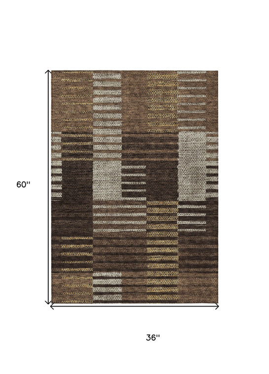3' X 5' Chocolate Ivory And Gold Striped Washable Indoor Outdoor Area Rug