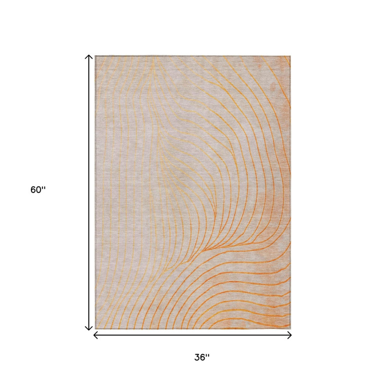 3' X 5' Orange And Silver Abstract Washable Indoor Outdoor Area Rug