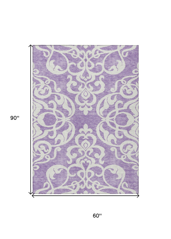 5' X 8' Purple And Ivory Damask Washable Indoor Outdoor Area Rug