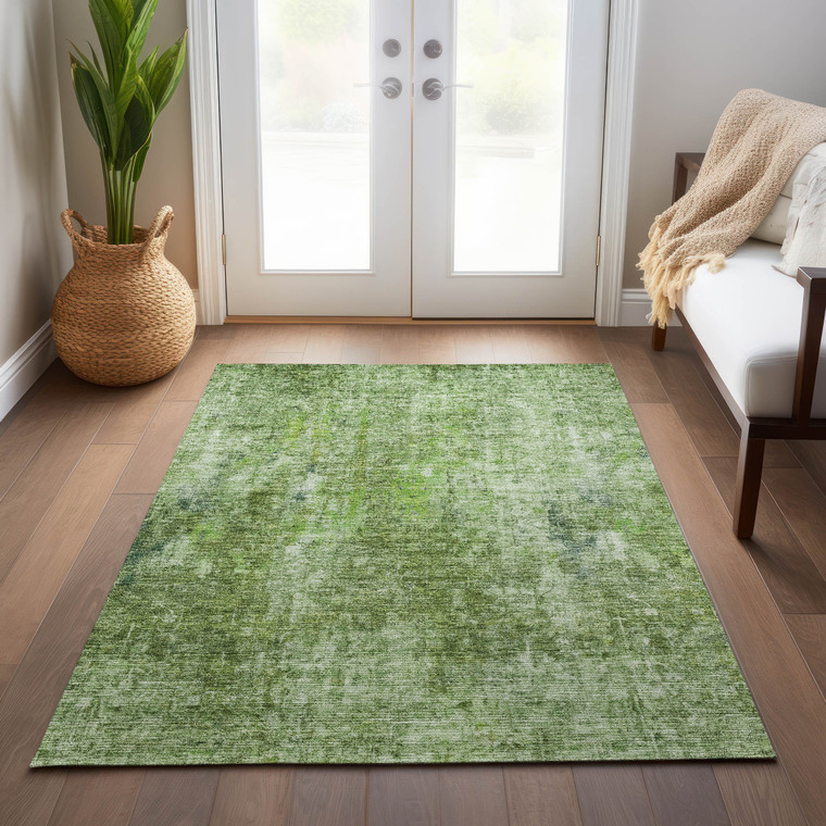 5' X 8' Olive Green And Artichoke Green Abstract Washable Indoor Outdoor Area Rug
