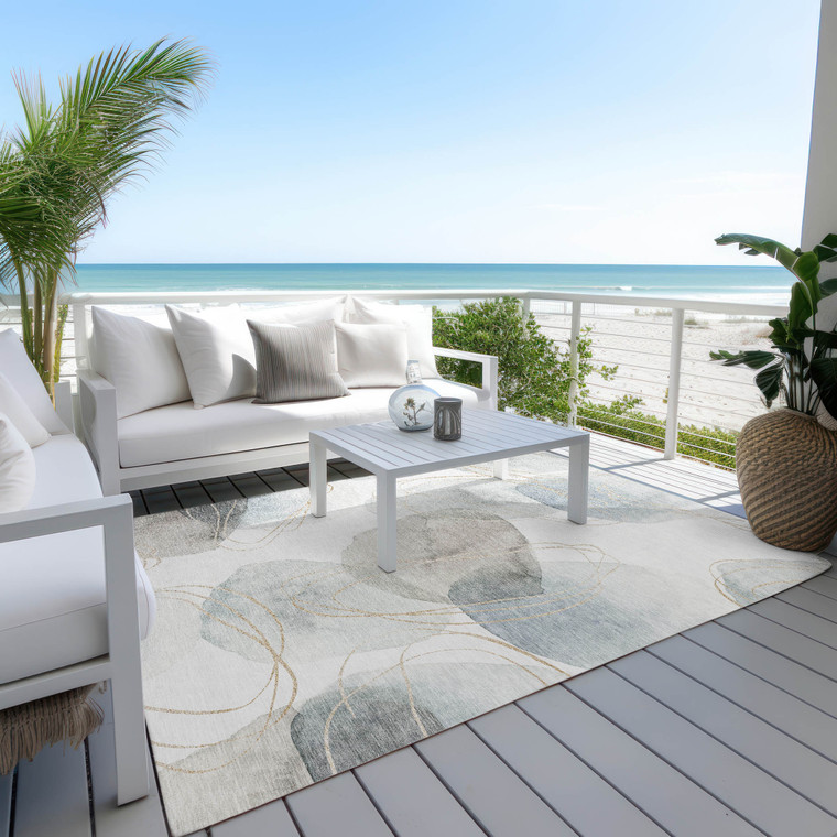 3' X 5' Ivory Blue and Gray Abstract Washable Non Skid Indoor Outdoor Area Rug Contemporary Style - Ivory, Blue, Gray Color
