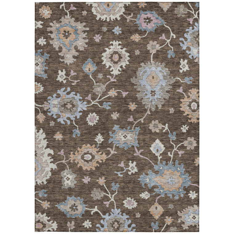 5' X 8' Chocolate Beige And Blue Floral Washable Indoor Outdoor Area Rug - Chocolate, Beige, Blue