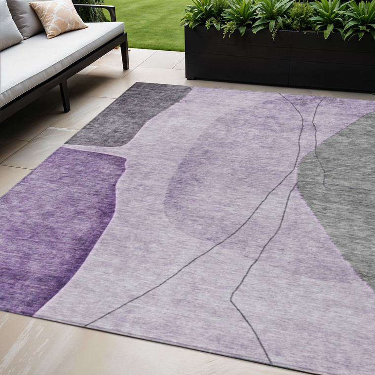 5' X 8' Purple Eggplant And Gray Abstract Washable Indoor Outdoor Area Rug